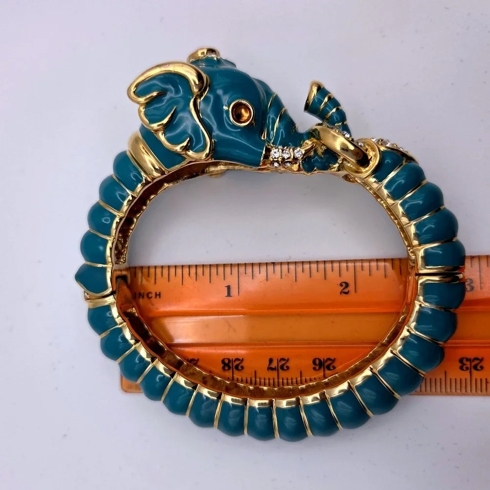 VTG Kenneth Jay Lane KJL Teal Enamel Elephant Hinge Bangle Bracelet Gold Tone - Picture 8 of 9